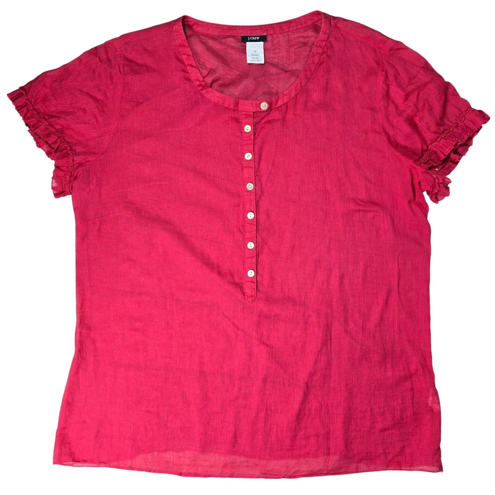 J.Crew Womens Pink Cotton Ramie Henley Blouse Ruffle Sleeve Size 12 97720